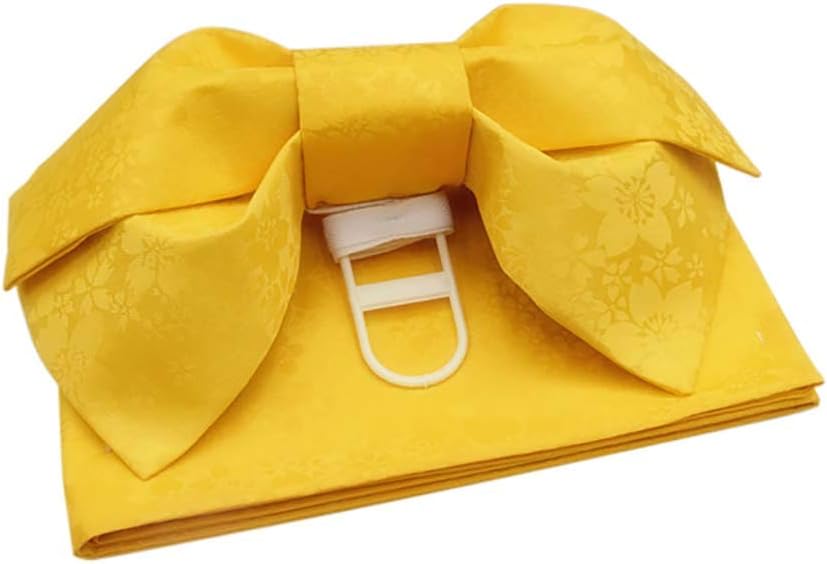 Traditional Kimono OBI Belt Pre-Tied Bow Floral Pattern Cho-Cho Japanese DIY Belt Sash Tsukuri OBI Yukata Cosplay Accessories (Yellow)