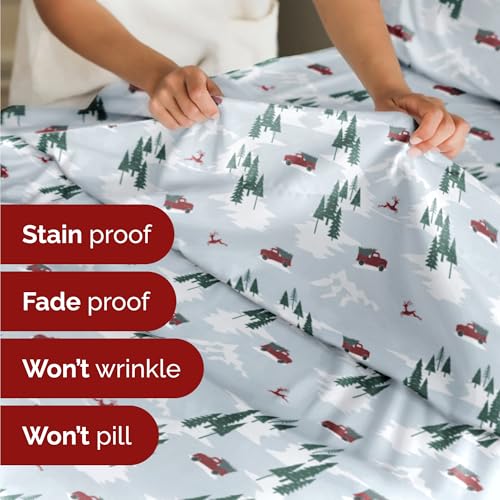 Full Christmas Pickup Trucks Sheet Set - Holiday Xmas Pattern Bedding Set - Deep Pockets - Snug Fit - 4 Piece - Wrinkle Free - Cozy Cooling Festive Winter - Holiday Sheets for Women, Men, Kids & Teens