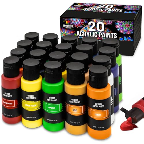 Outdoor acrylic paint set (2 fl oz)- 20 Tubes 2 with Glow in the Dark Effect - Art supplies for Adults - For multiple use- Woods, Leather, Metal & Fabric Paint & Paint for rocks Outdoor/Craft paint