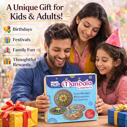 Image of Mind Pilot DIY Mandala Coaster Painting Kit - 4 Pre-Marked MDF Coasters with 6 Paints, Brush, Dotting Tool & Palette | Art & Craft Activity for Kids, Teens & Adults | Birthday & Return Gift Set