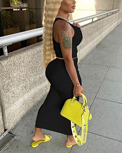 Women Sexy Two Piece Skirt Outfits Long Sleeve/Sleeveless V Neck Bodycon Ribbed Knitted Maxi Club Party Dress3