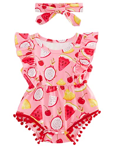 Image of BFUSTYLE Ruffle Sleeve Romper for Baby Girls Newborn Toddler Girl's Pineapple Bodysuit with Headband Pink Red 3-6 Months