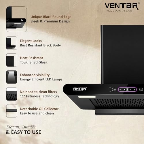 Image of Ventair 60 cm Voice Enabled 1400 m3 /hr Smart Autoclean Kitchen Chimney (Ruby 5G 60, Voice Enabled, Motion Sensor, Made in India, 11 Filterless with Metallic Oil Collector, T Shape, Black)