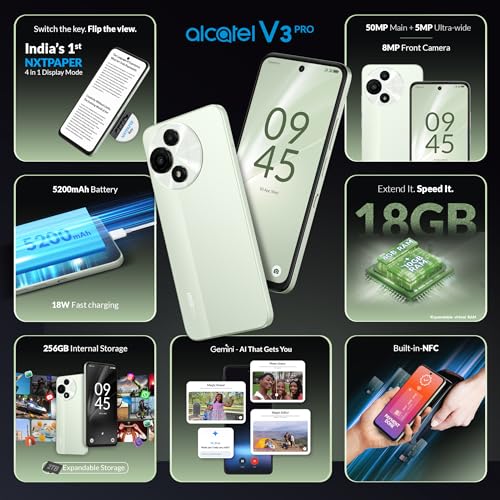 Image of Alcatel V3 Pro 5G (Matcha Green, 8GB+256GB) | India's 1st Patented NXTPAPER Superior Display | 50MP AI Dual Camera | NFC, 2TB Expandable Memory | Gemini in-Built | with Charger