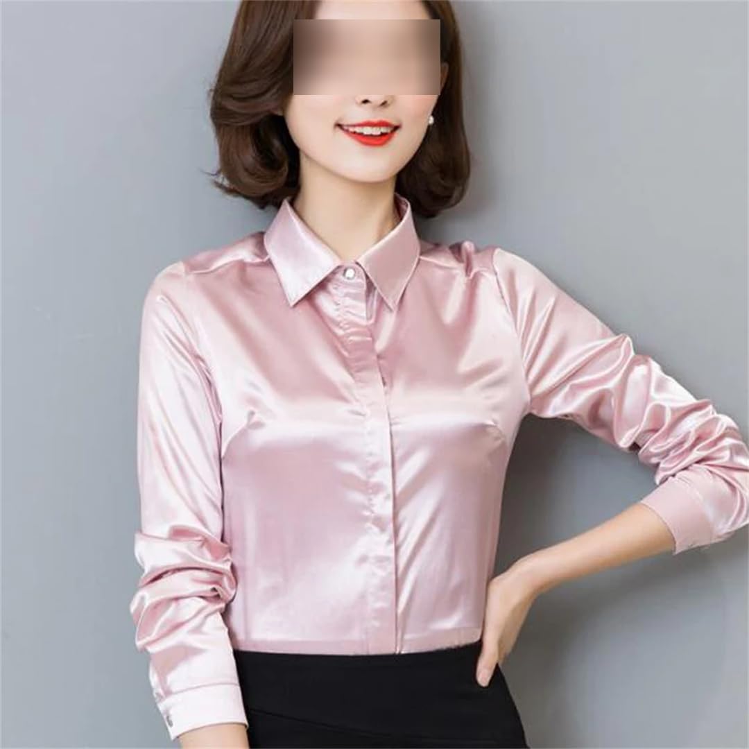 Blusa de satén para mujer, con botones, manga larga, solapa, oficina, trabajo, elegante, de seda