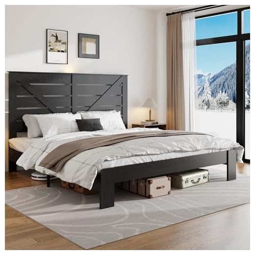 PAUKIN King Size Wooden Bed Frame with Headboard, Rustic Farmhouse Platform Bedframe with Metal Slat Support, Under Bed Storage Space, Easy Assembly, Noisy Free (Black, King)