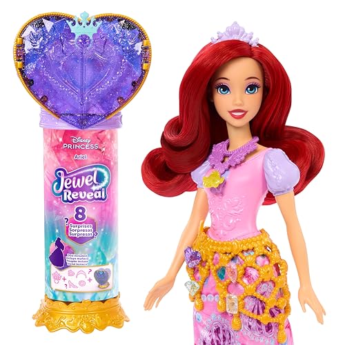 Mattel Disney Poupée Princesses Jewel Reveal Ariel et Accessoires avec 8 Surprises, Dont Une boîte à Bijoux en Forme de cœur, Une Bague pour Enfant et 9...