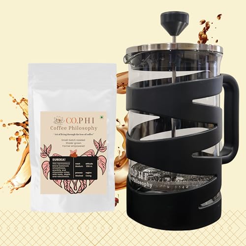 Image of CO.PHI French Press Coffee Maker, 800ml German Borosilicate Glass Carafe, Stainless Steel Filter, Ergonomic Handle, Black Spiral Design with 100 gms Eureka Ground Coffee