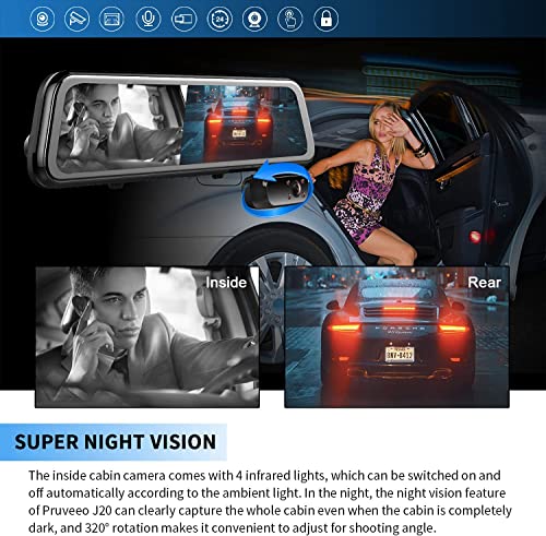 Pruveeo 12'' Triple Mirror Dash Cam, Front Inside And Rear 3 Channel Full Touch Screen Rear View Mirror Backup Camera, Ir Night Vision(Sony Sensor), Gps, Parking Assistance, With 64Gb Card #TOP3