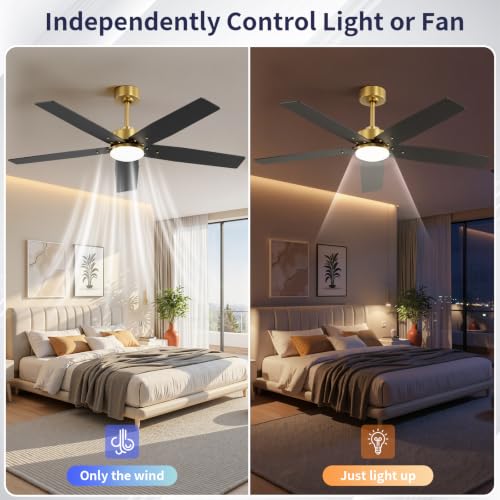 Image of 52 Inch Ceiling Fans with Lights and Remote for Bedroom Living Room Kitchen Home Office Indoor /Outdoor, 18W 3CCT Dimmable, Dual Color 5 Blades 6 Speed Reversible Quiet DC Motor, Gold /Wood Grain