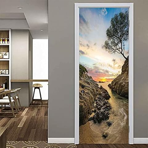 3D Self-Adhesive Door Poster with Sunset Beach Cover