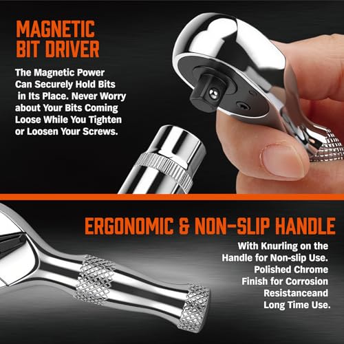 Image of HORUSDY 1 /4-Inch Stubby Ratchet Wrench Set, Chrome Alloy 90-Tooth Reversible 1 /4 inch Drive Handle with Magnetic Bit Driver & 1 /4 inch to 3 /8 inch Adapter, Compact Socket Wrench for Tight Spaces, Auto, DIY