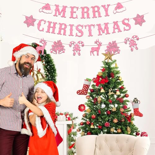 Image of Pink Christmas Party Decorations,Merry Christmas Banner Decorations,Xmas Pink Tree Snowflake Banner for Home, Outdoor, Indoor, Winter Holiday Home Birthday Party,Snowflake Winter Birthday