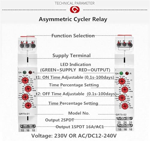 Relé temporizador de ciclo asimétrico GRT8-S con contacto SPDT 16A para automatización industrial 5