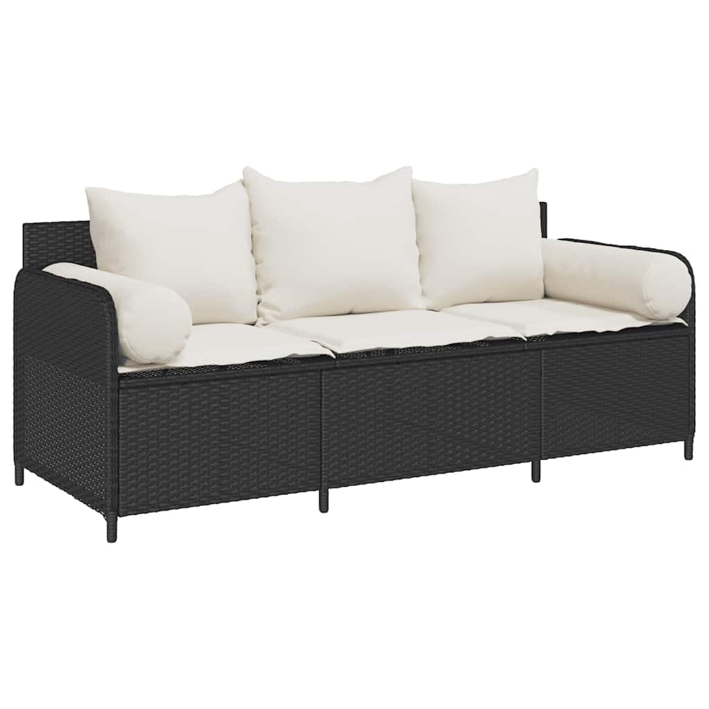 Divano da Giardino a 3 Posti con Cuscini Nero in Polyrattan,Divano da Giardino da Esterno,Divani da Giardino,Arredamento da Giardino-4104172