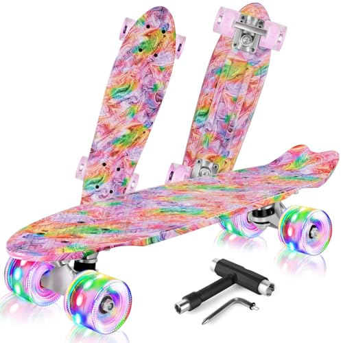 BELEEV Kinder Skateboard 22 Zoll mit LED Leuchtrollen Wheels, Komplette Mini Cruiser Skateboard für Kinder Jugendliche Erwachsene, LED Leuchtrollen mit All-in-one Skate T-Tool für Anfänger