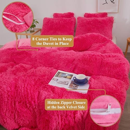 Image of XeGe Plush Faux Fur Duvet Cover Queen Size, Luxury Shaggy Fluffy Hot Pink Comforter Cover 1 PC, Soft Furry Fuzzy Velvet Bedding with Zipper Closure for Bedroom (Queen, Hot Pink)