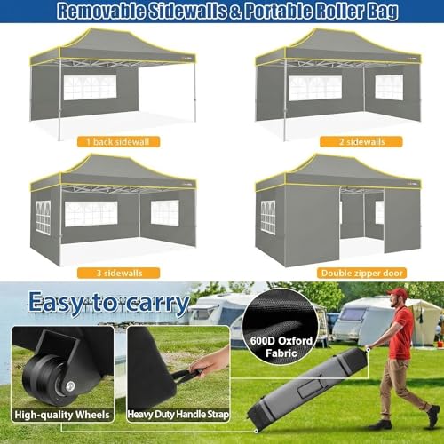 Image of Hoteel 10x15 Heavy Duty Pop Up Canopy Tent with 4 Sidewalls, Grey