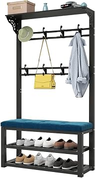Entryway 3-in-1 Hall Trees, Storage Bench with 10 Hanging Hooks, Coat Rack with 2 layer Shoe Rack, Metal Storage Shelf Organizer Fits Hallway Bedroom, 60X30X172CM Easy to Assemble