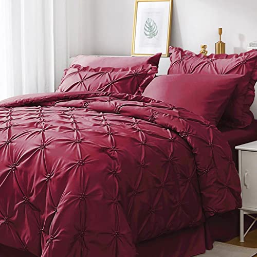 JOLLYVOGUE Dark Red Cal King Size Comforter Sets 7 Pieces, Pintuck Bed in a Bag Comforter Set for Bedroom, Bedding Comforter Sets with Comforter, Sheets,Ruffled Shams & Pillowcases