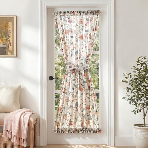 Image of jinchan Hattie Floral French Door Curtain 72 Inch Length Vintage Cottage Core Farmhouse Linen Decor for Glass Door Light Filtering 1 Panel with Tie Up Bow Rod Pocket Beige