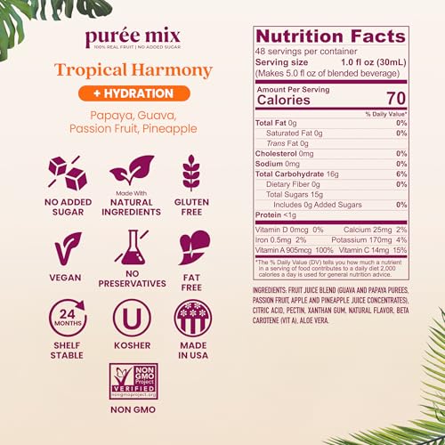 Image of Smartfruit Tropical Harmony + Aloe - 100% Real Fruit Puree with Pineapple, Passion Fruit, Papaya & Guava - Great for Smoothies, Juice, Yogurt, Cocktails, Teas & More - High in Vitamin A & C - 48oz