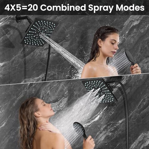 Veken High Pressure Rain Shower Head with Handheld, Multi-Functions Square Rainfall Shower Heads with 5-Mode Handheld Spray Combo, Detachable Hand Held Showerhead, Dual Matte Black Regaderas Para - Thumbnail 6