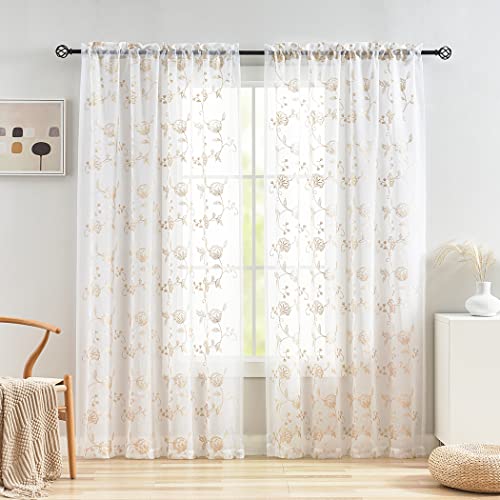 Image of Sheer Curtains Floral Embroidery Beige 84 Inch Long Rod Pocket Lace Drapes for Living room, Bedroom, 2 Panels, 52 inchx84 inch, Semi Voile Pattern Outdoor Window Treatment Sets for Yard, Patio, Villa, Parlor.