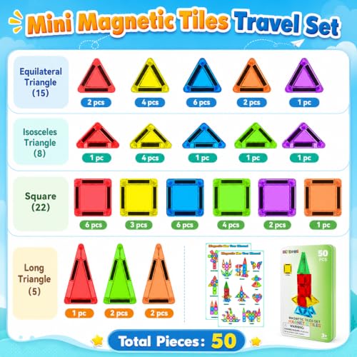 Image of Mini Magnetic Tiles 50PCS Travel Magnetic Building Blocks for Kids Ages 3+ | mini magnetic tiles, travel friendly, metal storage box, strong sealed magnets, non toxic abs, stem toy, gift for kids 3+