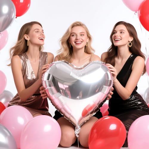 Image of 6 Pcs 32 Inch Silver Heart Balloons, Giant Heart Shape Foil Balloons Love Balloon Valentine Balloon for Birthday Party Wedding Engagement Party Baby Shower Valentine Day Decorations