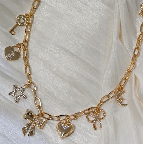 Gold Charm Necklaces for Women, 18K Gold Plated Bow Pendant Necklace Gold Heart Chain Aesthetic Star Jewelry2