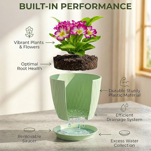 Image of Eightiz (Pack of 5 6 Inch Plastic Flower Pots for Indoor & Outdoor Terrace,Garden Plants Decorative Planters with Drainage Holes & Matching Saucers Durable & Lightweight (Green)