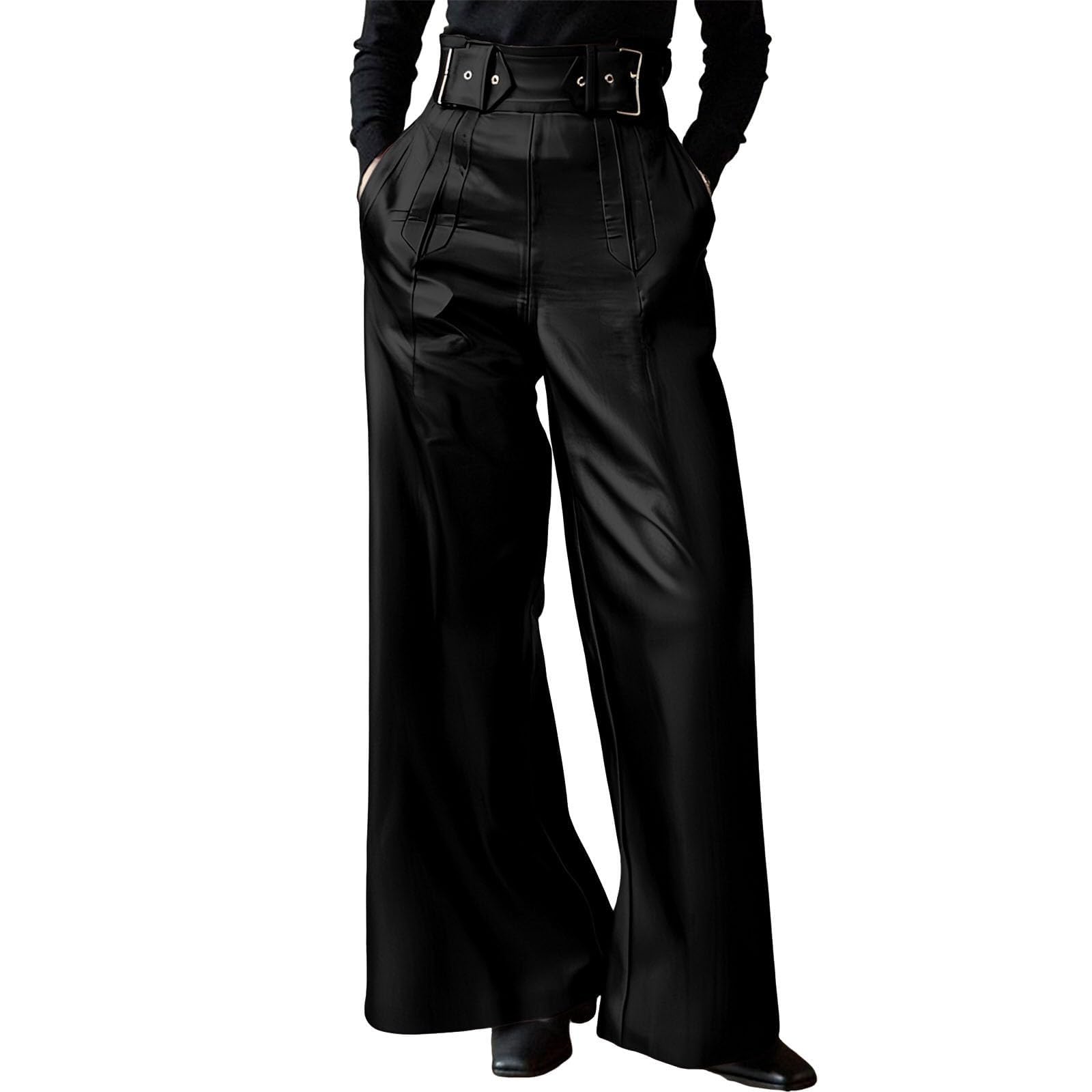 Women High Waist PU Faux Leather Pants Baggy Wide Leg Flare Pants Casual Trendy Bell Bottoms 2025 Fall