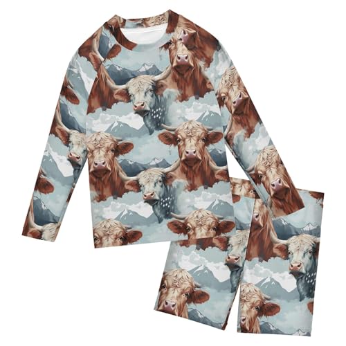 Highland Cow Animal Baby Boys' Toddler Long Sleeved Rashguard Swim Bathing Suit Set B0403257