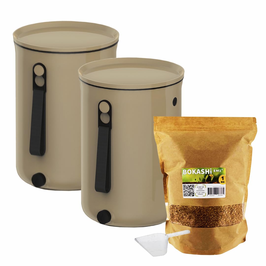 Lot de 2 seaux Bokashi Organko 2 Cappucino (9,6L) | Composteur Organique avec compacteur + 1 kg d'Activateur EM-1 de Fermentation fabriqué en France