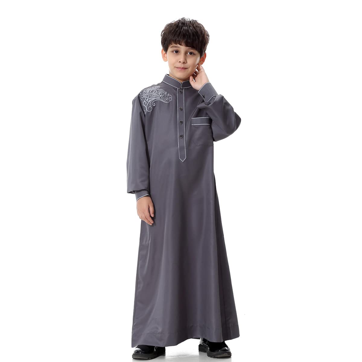 Boy's Muslim Arab Solid Color Thobe Long Sleeve Kaftan Embroidered Robe Stand Collar Button Down Islamic Arabic Abaya Thobe Clothes with Pockets for Kids Dark Grey 11-12 Years