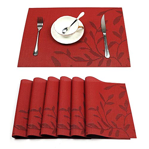 HEBE Red Placemats Set of 6 Heat-Resistant PVC Placemat for Dining Table Woven Vinyl Stain Resistant Table Mats for Christmas Holiday Easy to Clean