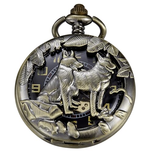Reloj de bolsillo mecánico de alta gama Tiong PWM09 con grabado de lobos en bronce tallado