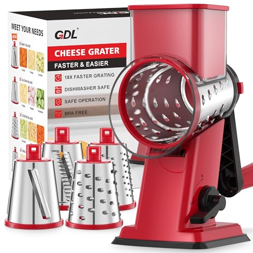 Image of GDL Upgraded Cheese Grater Shredder Hand Crank, Vegetable Slicer, 4 Blades | 18x Faster Cutting, Stronger Suction Base, No BPA, Stainless Steel Blade, Dishwasher Safe, For Cheese & Veggies & Nuts