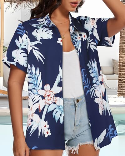 Image of Women Hawaiian Shirt Button Down Summer Tops Beach Short Sleeve Blouse