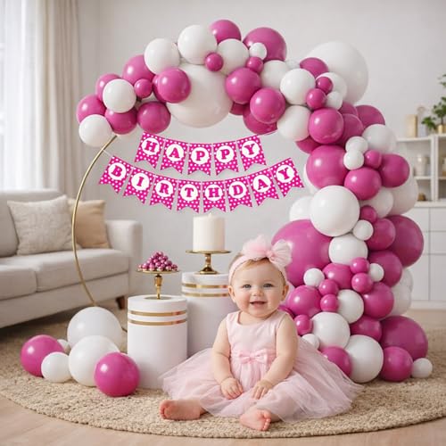 Image of Rozi Decoration Pink and White Balloon Arch Decoration Kit with Happy Birthday Paper Banner, 32 Pieces Party Decor Set for Birthday Celebration, Girls Birthday Decor
