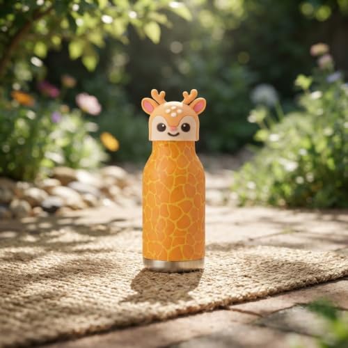 Image of JOUET 450ml Stainless Steel Kids Water Bottle with Cute Giraffe Character Lid, Leakproof Drinking Bottle for School, Travel, Sports & Everyday Use