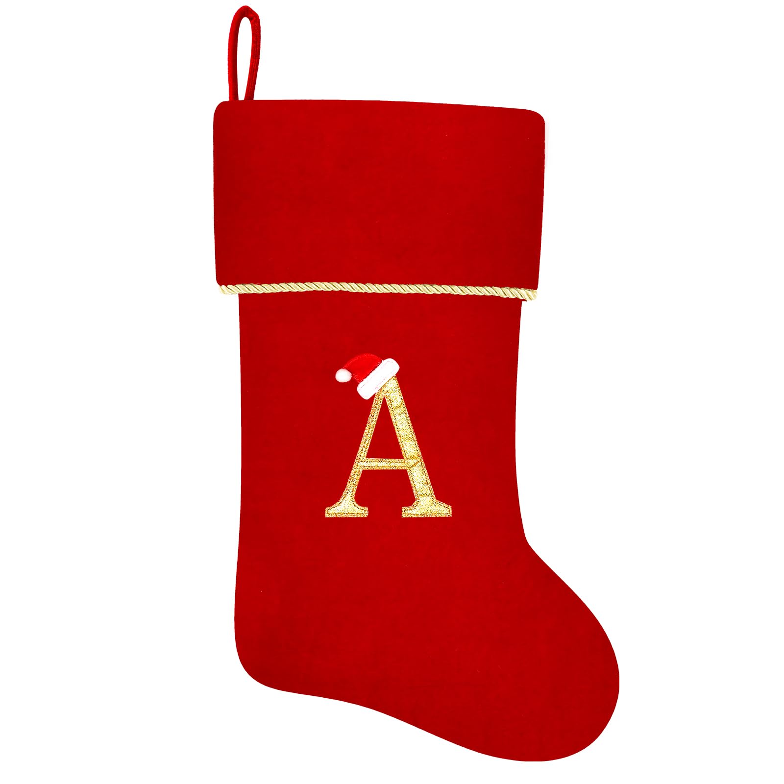 Subyan 20 Inches Initial Monogram Red Christmas Stocking, Personalized Large Embroidered Letter Velvet Christmas Stocking with Gold Trim Decoration for Family Christmas Holiday Party Decor(Letter A)