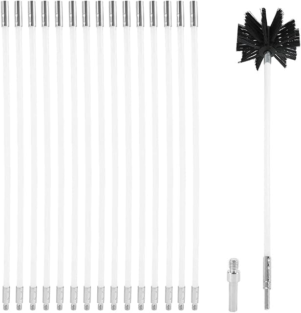 Gobesty Chimney Sweep Kit,17Pcs Chimney Cleaning Brush Kit, Duct Vent Cleaning Set with 15 Nylon Bendable Rods 1 Brush Heads 1 Drill Connector 1 Long Brush for Fireplace Sewage Pipe Fume Hood