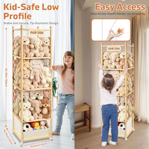 Image of Large Stuffed Animal Storage with Toys Tray, Wood Stuffed Animal Zoo Storage with Brake Wheels, Large Capacity Stuffed Animal Holder, Perfect for Nursery Playroom Kidroom Bedroom