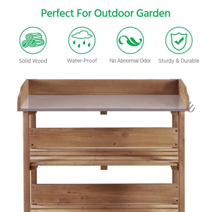 Yaheetech Outdoor Garden Potting Bench Table, Wooden Horticulture Planting Worstation w/Metal Tabletop/Storage Shelf/3 Hooks, Brown