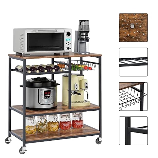DlandHome Industrial Kitchen Baker¡¯s Rack cart with Wheel, 31.5 Wood Standing Rolling Microwave Oven Stand, Metal Frame, Utility Storage Shelf, Wire Basket-TSvpmgdh