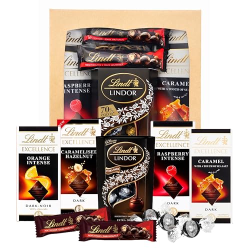 Dark Lindt Chocolates Hamper for Birthday Gifts - Irresistible Smooth 4 x 100g Caramel Orange Raspberry & Hazelnut Flavour Chocolate Bars Truffles 200g & 2x35g Hazelnut Bars. Chocolate Hamper