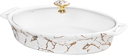 Creativity Home Platos ovalados para hornear gratinados, cacerola de cerámica con cubierta de bambú, bandeja para lasaña profunda para horno,