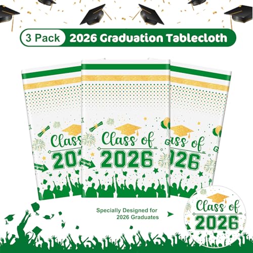Image of Graduation Decorations Class of 2026 Tablecloth - 3 Pcs Plastic Congrats Grad Table Cloth, Graduation Table Cover for Graduations Party Decorations 2026 and Party Supplies, 54 inchx108 inch (Green and Gold)